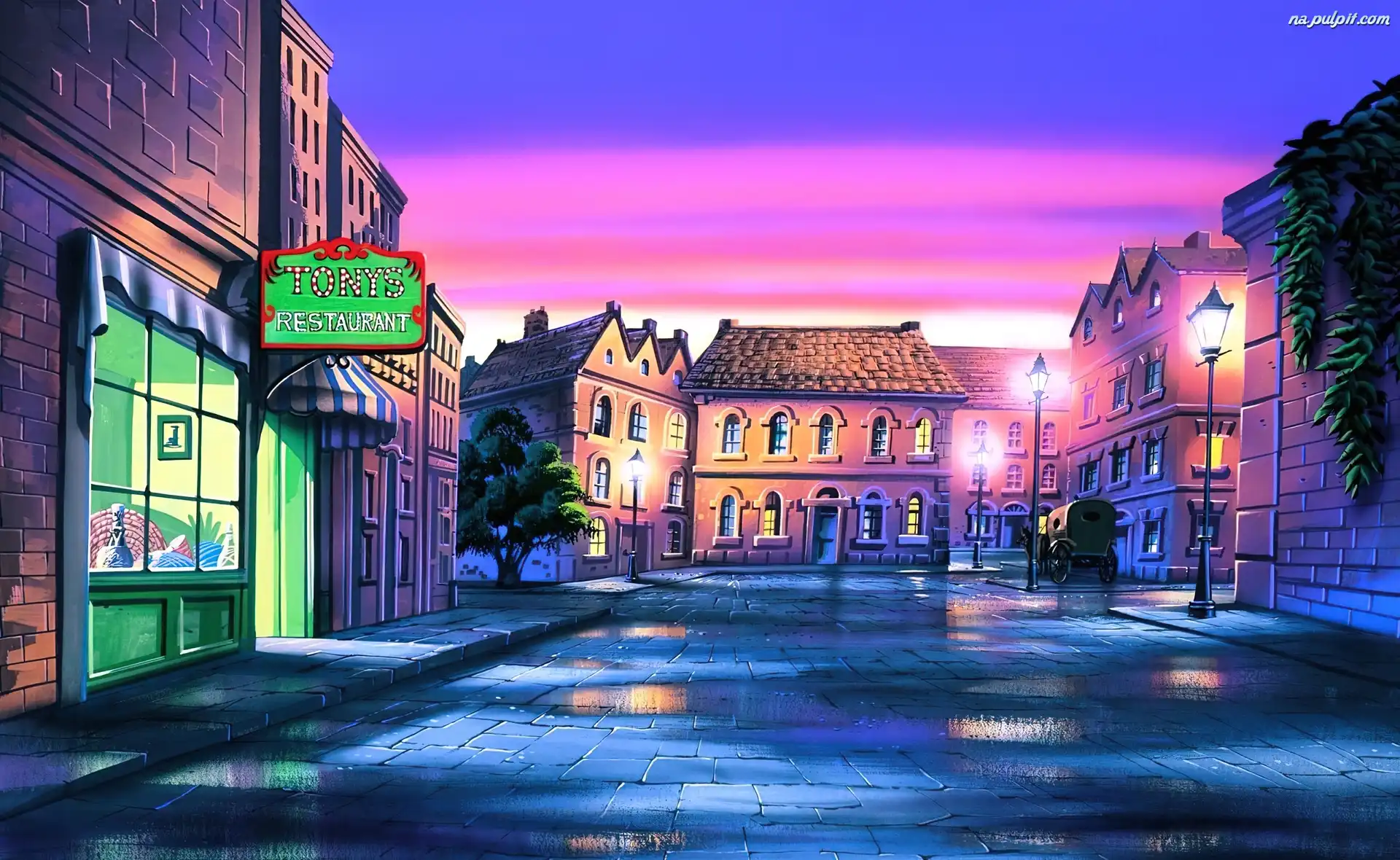 Miasto, Domy, Ulica, Latarnie